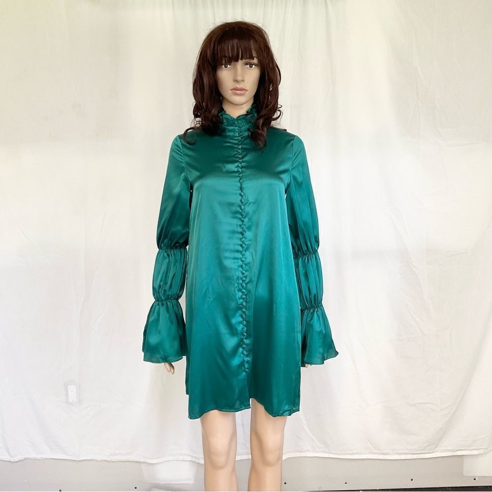 NEW Rich Fashion Green Mock Neck Long Sleeve Satin Shirt Tunic Mini Dress 2